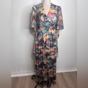 ✨ Vintage 1970s Abstract Maxi Dress | Flutter Sleeves | Empire Waist | Boho